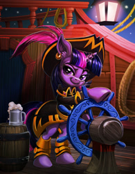 Size: 1868x2400 | Tagged: safe, artist:harwick, twilight sparkle, unicorn twilight, pony, unicorn, female, looking at you, mare, mug, outfit, pirate, pirate ship, ship, smiling, smiling at you, solo