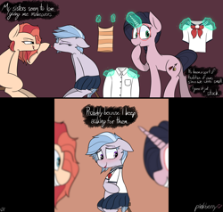 Size: 4200x3992 | Tagged: safe, artist:pinkberry, oc, oc only, oc:winter azure, earth pony, pony, back freckles, brother, brother and sister, clothes, colt, comic, crossdressing, female, femboy, freckles, glasses, levitation, lipstick, magic, makeover, makeup, male, narration, sailor uniform, shoulder freckles, siblings, sister, sisters, skirt, squint, telekinesis, text, tongue out, trap, uniform
