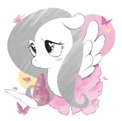 Size: 1024x1021 | Tagged: safe, artist:angstfish, ponerpics import, fluttershy, butterfly, pegasus, pony, blushing, bust, cute, cutie mark eyes, deleted from derpibooru, ears, female, floppy ears, limited palette, mare, portrait, solo, wingding eyes, wings