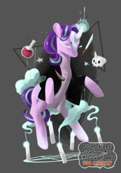 Size: 1024x1464 | Tagged: safe, artist:angstfish, ponerpics import, starlight glimmer, pony, unicorn, bottle, candle, clothes, crystal, deleted from derpibooru, floating, glowing eyes, glowing horn, gray background, horn, jacket, magic, magic circle, pentagram, potion, simple background, skull, solo, sombra's horn, stars, summoning circle, watermark, witch, witchcraft, zine