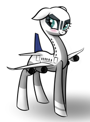 Size: 1234x1678 | Tagged: safe, artist:jh, ponerpics import, oc, oc only, original species, plane pony, pony, a340-600, blushing, deleted from derpibooru, long neck, lufthansa, plane, solo