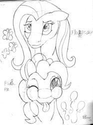 Size: 956x1280 | Tagged: safe, artist:jimfoxx, derpibooru import, fluttershy, pinkie pie, earth pony, pegasus, pony, :p, cutie mark, digital art, duo, female, looking at you, mare, monochrome, one eye closed, simple background, sketch, tongue out, white background