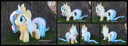 Size: 4807x1754 | Tagged: safe, artist:peruserofpieces, derpibooru import, fluttershy, princess celestia, pegasus, pony, testing testing 1-2-3, beanie (plushie), celestia costume, celestia's crown, clothes, cosplay, costume, crest, crown, fake horn, female, irl, jewelry, mare, peytral, photo, plushie, regalia, roleplaying, shoes, shylestia, smiling, solo, standing, tree, wings