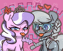 Size: 1867x1516 | Tagged: safe, artist:lou, derpibooru import, diamond tiara, silver spoon, earth pony, pony, :p, blushing, female, filly, glasses, heart, looking at you, mlem, silly, smiling, tongue out