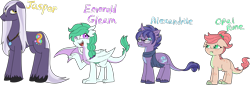 Size: 4167x1439 | Tagged: safe, artist:purfectprincessgirl, derpibooru import, oc, oc only, oc:alexandrite, oc:emerald gleam, oc:jasper, oc:opal rune, dracony, earth pony, hybrid, pony, unicorn, adopted offspring, clothes, female, freckles, glasses, interspecies offspring, jewelry, male, mare, necklace, offspring, one wing out, parent:rarity, parent:spike, parents:sparity, scarf, siblings, simple background, stallion, transparent background, unshorn fetlocks, wings