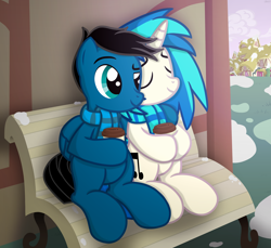 Size: 7200x6600 | Tagged: safe, artist:agkandphotomaker2000, derpibooru import, dj pon-3, vinyl scratch, oc, oc:pony video maker, pegasus, pony, unicorn, bench, building, canon x oc, coffee, coffee cup, coffee stop, complex background, cup, female, hoof on shoulder, male, ponyville, shipping, show accurate, sitting, snow, snuggling, straight, videoscratch, winter