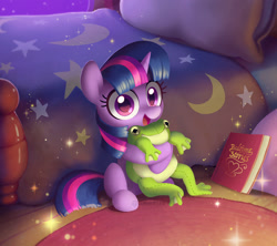 Size: 1500x1332 | Tagged: safe, artist:dawnfire, twilight sparkle, unicorn twilight, frog, pony, unicorn, bed, bedroom, book, cute, featured image, female, filly, filly twilight sparkle, hug, looking at you, moon, open mouth, pillow, plushie, plushie hug, solo, sparkles, twiabetes, watermark, younger