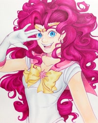 Size: 1080x1350 | Tagged: safe, artist:anabarana, derpibooru import, pinkie pie, human, bust, clothes, ear piercing, female, gloves, humanized, long gloves, open mouth, piercing, sailor moon, simple background, smiling, solo, traditional art, white background