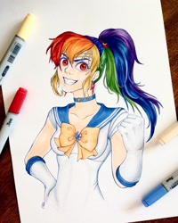 Size: 1080x1350 | Tagged: safe, artist:anabarana, derpibooru import, rainbow dash, human, alternate hairstyle, bust, choker, clothes, female, fist pump, gloves, grin, humanized, long gloves, sailor moon, simple background, smiling, solo, traditional art, white background