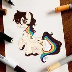 Size: 1080x1080 | Tagged: safe, artist:anabarana, derpibooru import, oc, oc only, pegasus, pony, bust, choker, female, jewelry, mare, multicolored hair, necklace, pegasus oc, rainbow hair, signature, simple background, sitting, smiling, solo, traditional art, unshorn fetlocks, white background, wings