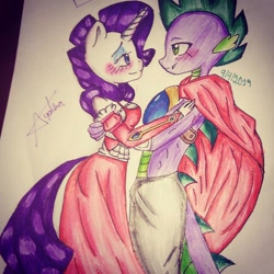 Size: 1080x1080 | Tagged: safe, alternate version, artist:cats_drawings_cos, derpibooru import, rarity, spike, anthro, dragon, unicorn, bedroom eyes, blushing, breasts, cape, clothes, colored, dress, evening gloves, female, fingerless elbow gloves, fingerless gloves, gloves, horn, long gloves, looking at each other, male, shipping, signature, smiling, sparity, straight, traditional art