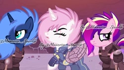 Size: 1080x615 | Tagged: safe, artist:moonrise-sparkle-293, derpibooru import, edit, edited screencap, screencap, princess cadance, princess celestia, princess luna, alicorn, pony, alternate timeline, amputee, artificial wings, augmented, crystal war timeline, eye scar, eyelashes, eyes closed, female, horn, mare, outdoors, pink-mane celestia, prosthetic limb, prosthetic wing, prosthetics, raised hoof, raised leg, s1 luna, scar, torn ear, watermark, wings, worried