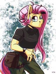 Size: 1567x2048 | Tagged: safe, artist:lrusu, derpibooru import, fluttershy, anthro, halfbody, kim possible, simple background, solo