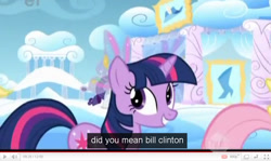 Size: 853x510 | Tagged: safe, derpibooru import, edit, edited screencap, screencap, twilight sparkle, pony, unicorn, sonic rainboom (episode), bill clinton, caption, female, mare, meme, solo, text, youtube, youtube caption