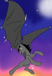 Size: 748x1080 | Tagged: safe, artist:aryasakurada, derpibooru import, oc, oc only, alicorn, bat pony, bat pony alicorn, pony, bat wings, flying, horn, looking back, night, open mouth, outdoors, solo, wings