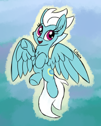 Size: 1200x1500 | Tagged: safe, artist:litrojia, derpibooru import, fleetfoot, pegasus, pony, abstract background, cute, diafleetes, female, looking at you, mare, open mouth, sketchy, smiling, smiling at you, solo, spread wings, underhoof