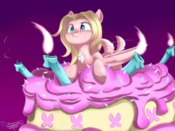 Size: 1600x1200 | Tagged: safe, artist:sketchiix3, derpibooru import, oc, oc only, oc:mio, pegasus, pony, birthday, birthday cake, cake, cute, cute little fangs, deer tail, fangs, female, food, freckles, mare, ponies in food, solo, tail wag, wing freckles