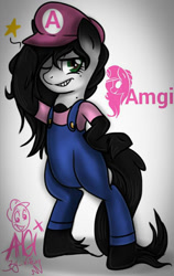 Size: 606x960 | Tagged: safe, artist:amgiwolf, derpibooru import, oc, oc only, oc:amgi, earth pony, semi-anthro, clothes, coat markings, cosplay, costume, earth pony oc, female, grin, hat, mario, one eye closed, overalls, signature, smiling, socks (coat marking), solo, super mario bros., wink