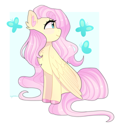 Size: 2200x2312 | Tagged: safe, artist:emera33, derpibooru import, fluttershy, butterfly, pegasus, pony, blushing, chest fluff, colored hooves, cute, daaaaaaaaaaaw, ear fluff, ears, female, folded wings, head turned, high res, looking at something, mare, profile, shyabetes, simple background, sitting, smiling, solo, white background, wings