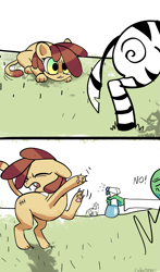 Size: 2503x4243 | Tagged: safe, artist:colochenni, derpibooru import, oc, oc:anon, big cat, lion, zebra, 2 panel comic, angry, comic, female, hunting, lion pony, lioness/pony, savanna, scratching, spray bottle