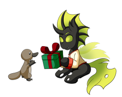 Size: 2000x1600 | Tagged: safe, artist:jake heritagu, derpibooru import, oc, oc only, oc:karl the changeling, chef, chef outfit, commission, gift box, green changeling, happy, male, platypus, present, simple background, transparent background