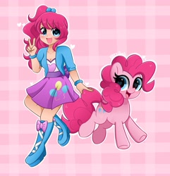 Size: 3945x4096 | Tagged: safe, artist:kittyrosie, derpibooru import, pinkie pie, earth pony, pony, equestria girls, alternate hairstyle, blushing, bracelet, breasts, cleavage, clothes, cute, diapinkes, heart eyes, human coloration, human ponidox, jewelry, open mouth, peace sign, self ponidox, shoes, wingding eyes