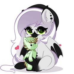 Size: 1080x1080 | Tagged: safe, artist:yomechka, derpibooru import, bat pony, pegasus, female, freckles, heart, plushie, solo, tail wag