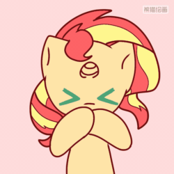Size: 720x720 | Tagged: safe, artist:starflashing twinkle, derpibooru import, sunset shimmer, pony, unicorn, :3, animated, blowing a kiss, chinese, cute, female, frame by frame, gif, heart, mare, pink background, shimmerbetes, simple background, solo
