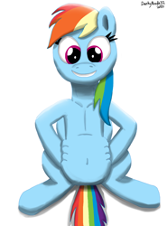 Size: 1136x1536 | Tagged: safe, artist:darkyboode32, derpibooru exclusive, derpibooru import, rainbow dash, pegasus, pony, belly, belly button, clavicle, female, grin, happy, looking down, simple background, sitting, smiling, solo, solo female, squishy, traditional art, white background