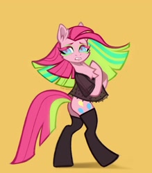 Size: 3500x4000 | Tagged: safe, artist:rrd-artist, derpibooru import, pinkie pie, earth pony, pony, bipedal, chest fluff, clothes, looking at you, pinkamena diane pie, sad, see-through, shirt, stockings, thigh highs