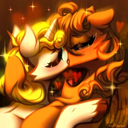 Size: 3000x3000 | Tagged: safe, artist:rrd-artist, derpibooru import, pegasus, pony, unicorn, blushing, closed, eye, eyes, female, glasses, heart, kissing, lesbian, unshorn fetlocks