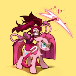 Size: 2500x2500 | Tagged: safe, artist:rrd-artist, derpibooru import, pinkie pie, earth pony, pony, angry, gem rejuvenator, grin, looking at you, pinkamena diane pie, riding, scythe, smiling, spinel (steven universe), steven universe