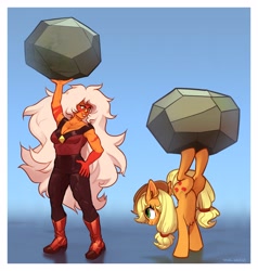 Size: 3507x3680 | Tagged: safe, artist:rrd-artist, derpibooru import, applejack, earth pony, pony, boulder, chest fluff, jasper (steven universe), lifting, rock, smiling, steven universe