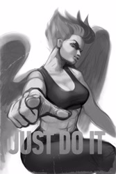 Size: 2000x3000 | Tagged: safe, artist:rrd-artist, derpibooru import, spitfire, human, clothes, fitfire, humanized, just do it, looking at you, muscles, pants, pointing, sketch, solo, tanktop, winged humanization, wings