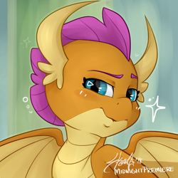 Size: 1400x1400 | Tagged: safe, artist:midnightpremiere, derpibooru import, smolder, dragon, school daze, bust, dragoness, female, looking at you, signature, smiling, solo, sparkles, spread wings, squint, wings