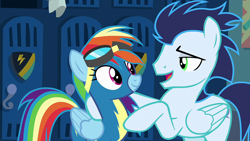 Size: 1920x1080 | Tagged: safe, derpibooru import, screencap, rainbow dash, soarin', pegasus, pony, grannies gone wild, clothes, female, goggles, male, mare, stallion, uniform, wonderbolts uniform