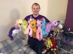 Size: 713x530 | Tagged: safe, derpibooru import, applejack, big macintosh, fluttershy, pinkie pie, rainbow dash, rarity, starlight glimmer, twilight sparkle, human, irl, irl human, mane six, photo, plushie