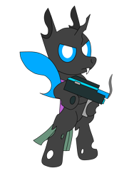 Size: 3072x4096 | Tagged: safe, alternate version, artist:theunidentifiedchangeling, derpibooru import, oc, oc only, oc:[unidentified], changeling, bipedal, digital art, fangs, gun, holding, horn, looking at you, male, simple background, solo, transparent background, weapon, wings