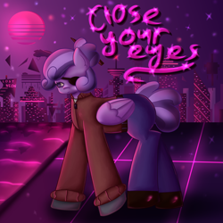 Size: 3000x3000 | Tagged: safe, artist:menalia, derpibooru import, neon lights, oc, oc only, oc:shiru, pegasus, pony, aesthetics, aftermath, belt, city, clothes, female, gloves, jacket, jeans, mare, neon, night, pants, shirt, shoes, stars, sun, synthwave, synthwave grid, t-shirt, tired, water, wings