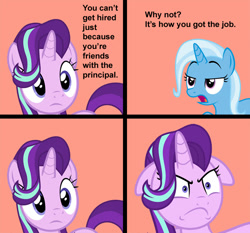 Size: 750x700 | Tagged: safe, derpibooru import, starlight glimmer, trixie, pony, unicorn, a horse shoe-in, angry, comic, duo, ears, exploitable meme, female, floppy ears, mare, meme, npc meme, ponified meme, simple background, this will end in equalization