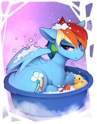 Size: 2240x2862 | Tagged: safe, artist:yakovlev-vad, derpibooru import, rainbow dash, pegasus, pony, angry, bath, female, frown, mare, rubber duck, solo, unamused, water, wet, wet mane