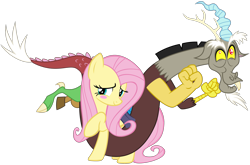 Size: 3077x2030 | Tagged: safe, artist:andoanimalia, artist:yanoda, derpibooru import, edit, discord, fluttershy, draconequus, pegasus, pony, the last laugh, twilight's kingdom, blushing, cute, discoshy, discute, disquee, faic, female, lip bite, male, raised hoof, raised leg, shipping, shyabetes, simple background, straight, transparent background, vector