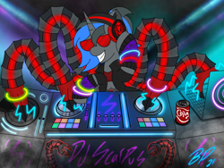 Size: 2048x1536 | Tagged: safe, artist:blazep0ny, derpibooru import, oc, oc:scarlet, oc:soda, octopus, bracelet, computer, cute, disk jockey, dj set, doctor octopus, fog, headphones, jewelry, laptop computer, robotic arm, soda, strobe lights, tentacles, turntable