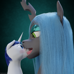 Size: 2048x2048 | Tagged: safe, artist:radiomann01, derpibooru import, queen chrysalis, shining armor, changeling, changeling queen, pony, unicorn, 3d, blushing, drool, drool string, duo, fangs, female, femdom, horn, infidelity, larger female, licking, long hair, male, mane, mawplay, open mouth, prisoner, render, salivating, sharp teeth, shining chrysalis, shipping, simple background, size difference, smaller male, smiling, straight, teeth, tongue out, uncertain