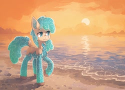 Size: 2032x1462 | Tagged: safe, artist:koviry, derpibooru import, part of a set, oc, oc only, pony, beach, commission, raised hoof, raised leg, scenery, smiling, solo, sun, water, ych result