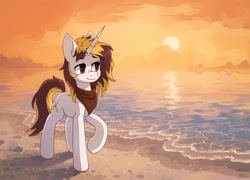 Size: 2032x1462 | Tagged: safe, artist:koviry, derpibooru import, part of a set, oc, oc only, pony, unicorn, beach, commission, raised hoof, raised leg, scenery, smiling, solo, sun, water, ych result