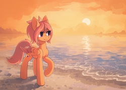 Size: 2032x1462 | Tagged: safe, artist:koviry, derpibooru import, part of a set, oc, oc only, pegasus, pony, beach, commission, raised hoof, raised leg, scenery, smiling, solo, sun, water, ych result