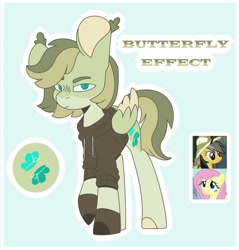 Size: 1280x1340 | Tagged: safe, artist:just-evs, derpibooru import, daring do, fluttershy, oc, oc:butterfly effect, pegasus, pony, blue background, clothes, daringshy, female, hoodie, lesbian, magical lesbian spawn, offspring, outline, parent:daring do, parent:fluttershy, parents:daringshy, screencap reference, shipping, simple background, solo