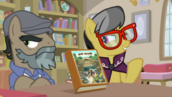 Size: 1920x1080 | Tagged: safe, derpibooru import, screencap, a.k. yearling, daring do, doctor caballeron, earth pony, pegasus, pony, daring doubt, book, crossed arms, crossed hooves, disguise, duo, fake beard, female, frown, glasses, hat, male, mare, martingale, smiling, stallion, teeth, unamused