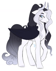 Size: 1280x1613 | Tagged: safe, artist:void-sommar, derpibooru import, oc, oc only, oc:lucifer, hybrid, pony, black wings, ethereal mane, female, hair over one eye, horns, interspecies offspring, mare, offspring, parent:discord, parent:rarity, parents:raricord, simple background, solo, starry mane, white background